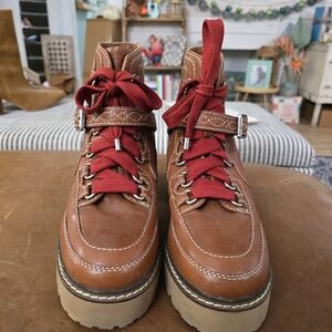 Free People Brown Lace Up Boots with Red Laces